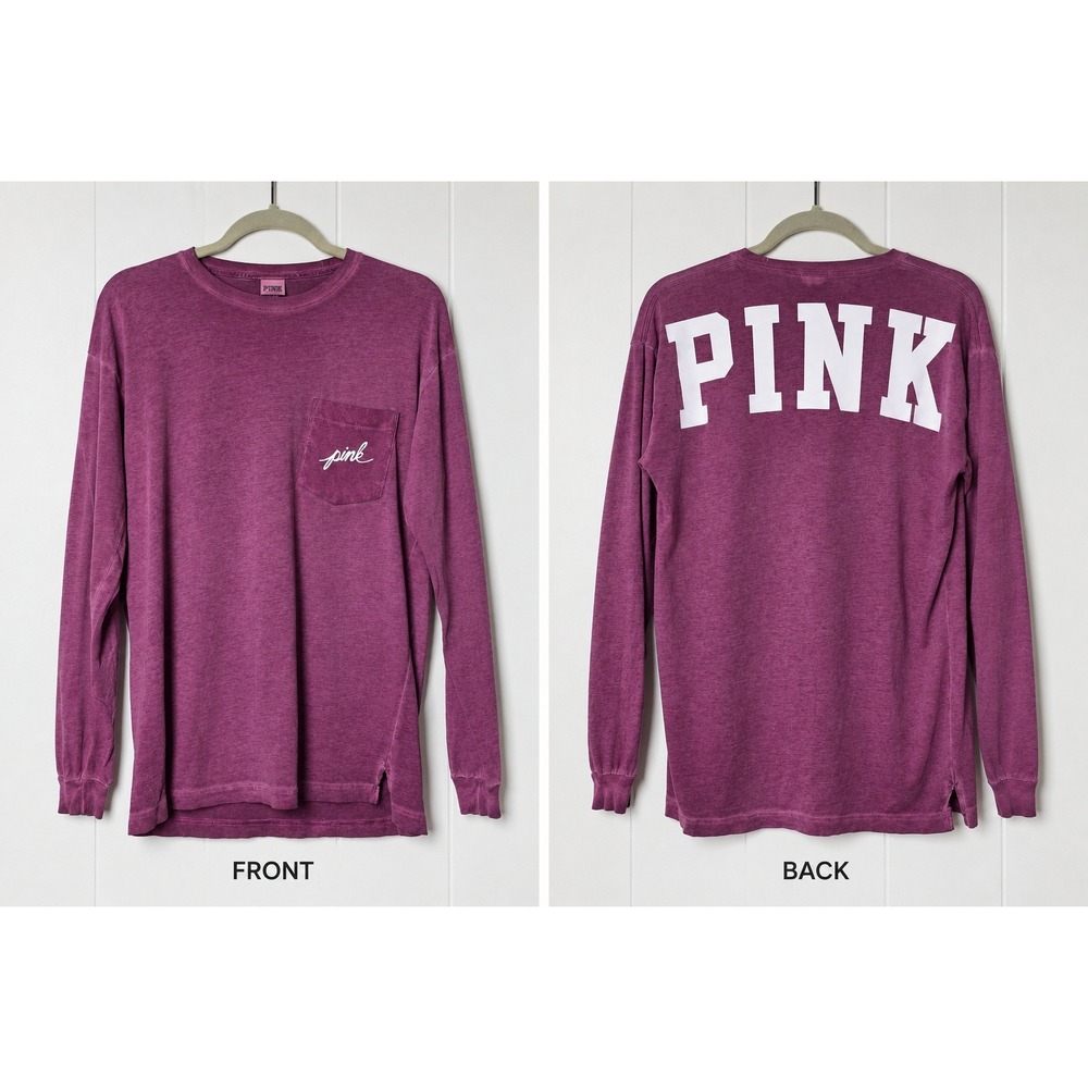 Pink Victoria's Secret Long Sleeve Pocket Tee XS Berry Purple Logo Graphic Shirt